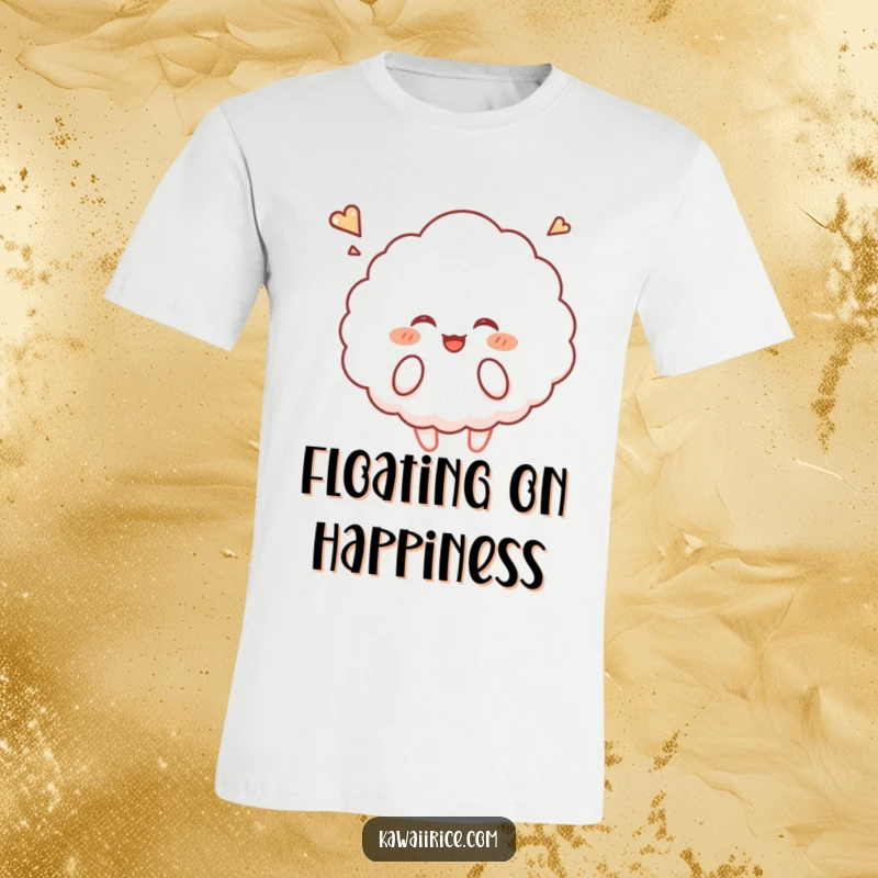 Funny rice cloud t-shirt featuring a fluffy character giggling and floating upwards, perfect for a whimsical look.