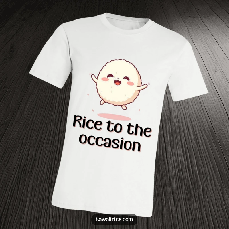 Funny T-Shirt featuring a cute rice ball character in a dynamic, bouncy jump, radiating pure joy and playful energy.