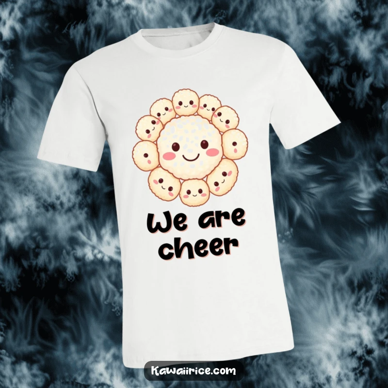 Funny t-shirt with a delightful smiley face created by a group of adorable rice balls. Joyful apparel.
