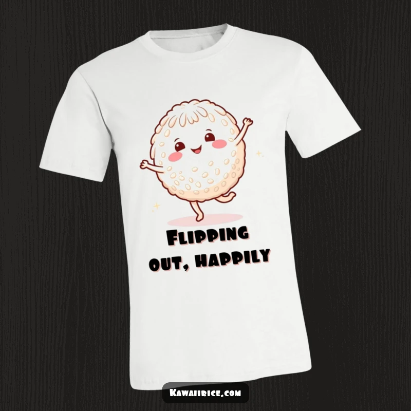 Funny rice character t-shirt featuring a smiling character doing a cartwheel with joyful dots, perfect for active wear.