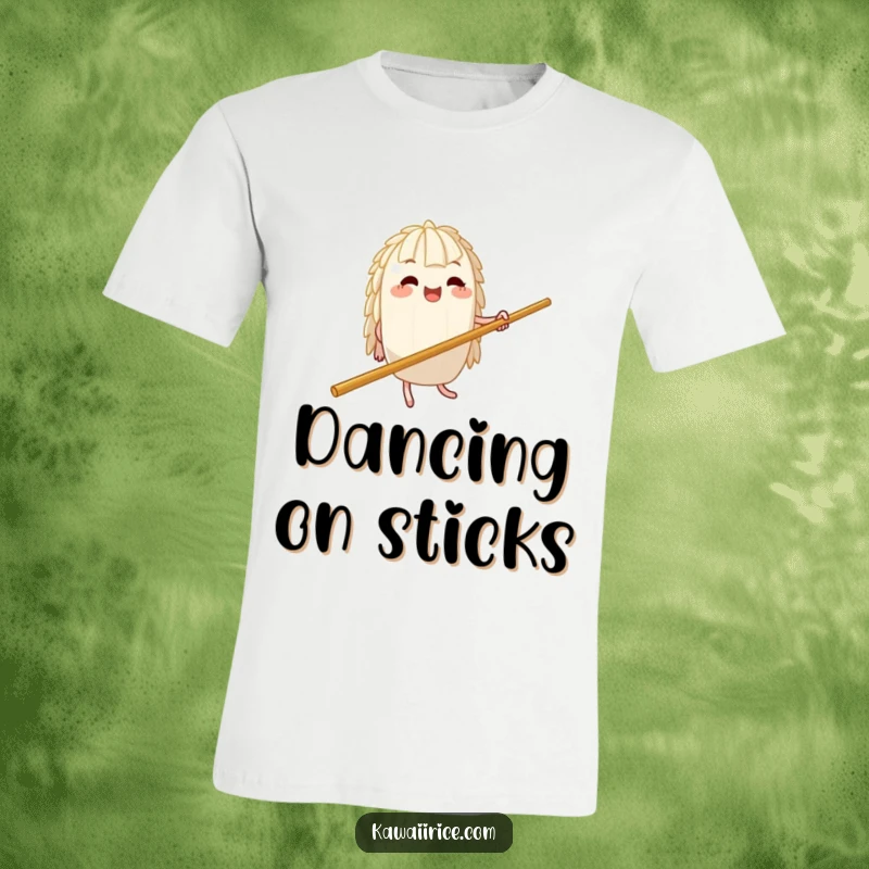 Funny T-Shirt: A rice character executes a comical jig with flair on a colossal chopstick, radiating pure, unadulterated silliness.