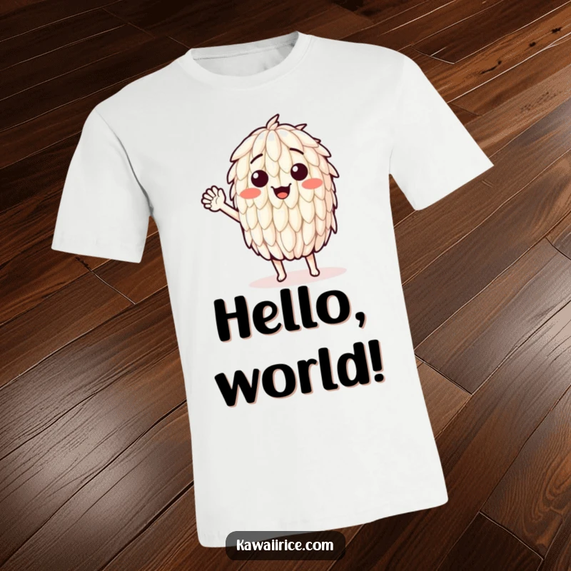 Funny t-shirt with a happy rice grain character extending a warm, enthusiastic wave. Great for friendly folks.