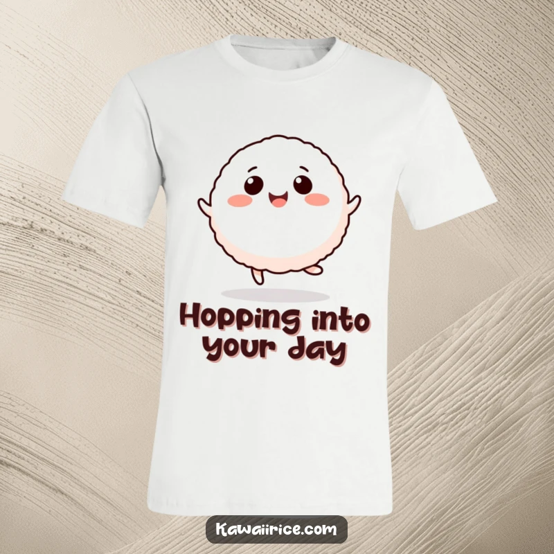 Funny rice ball t-shirt featuring a smiling cartoon character in a joyful, energetic hop, perfect for casual wear.