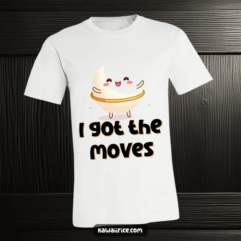 Funny T-Shirt: A round glob of rice expertly spinning a small hula hoop with a beaming expression, full of vibrant, playful motion.