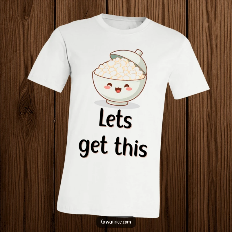 Funny T-Shirt: A playful bowl of rice shouts with joy, its lid askew, radiating pure excitement and a party atmosphere.