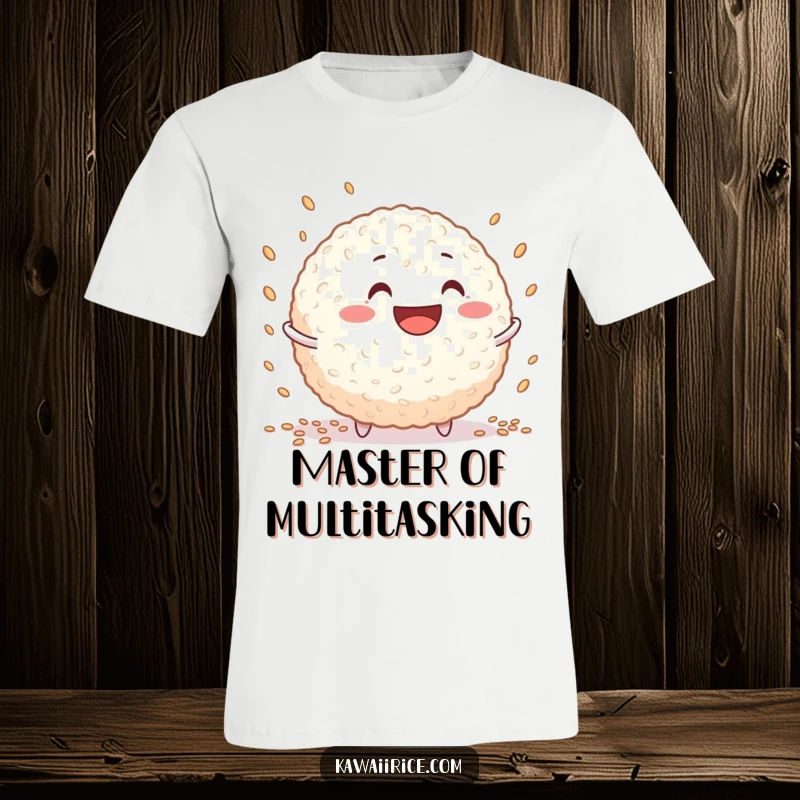 Funny rice ball t-shirt featuring a happy character with a big grin juggling tiny grains, perfect for casual wear.