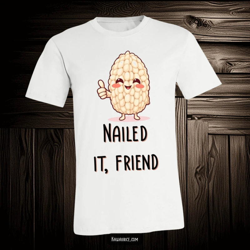 Funny T-Shirt: A beaming rice grain proudly displays a thumbs up using a flexible, petite noodle arm, embodying achievement and good cheer.