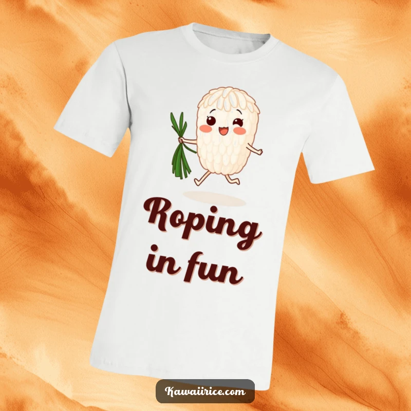 Funny T-Shirt: A gleeful rice grain performs a jump rope routine with a strand of seaweed, showcasing athletic fun and pure happiness.