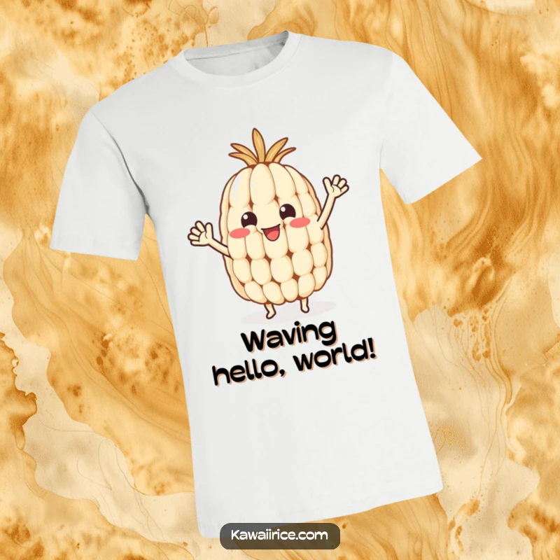 Funny rice grain t-shirt featuring a happy character with small arms enthusiastically waving, perfect for casual wear.