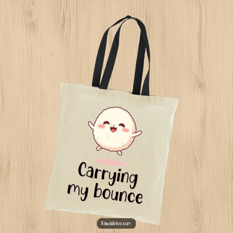 Funny Tote Bag adorned with a cute rice ball character performing an energetic, bouncy jump, radiating fun and happiness.