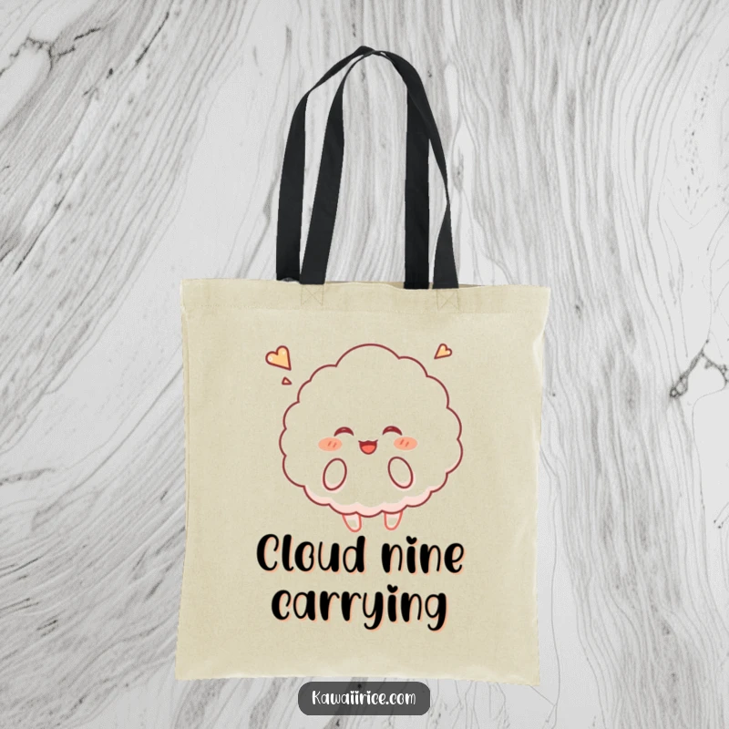 Funny rice cloud tote bag featuring a fluffy character giggling and floating upwards, ideal for carrying daily essentials.