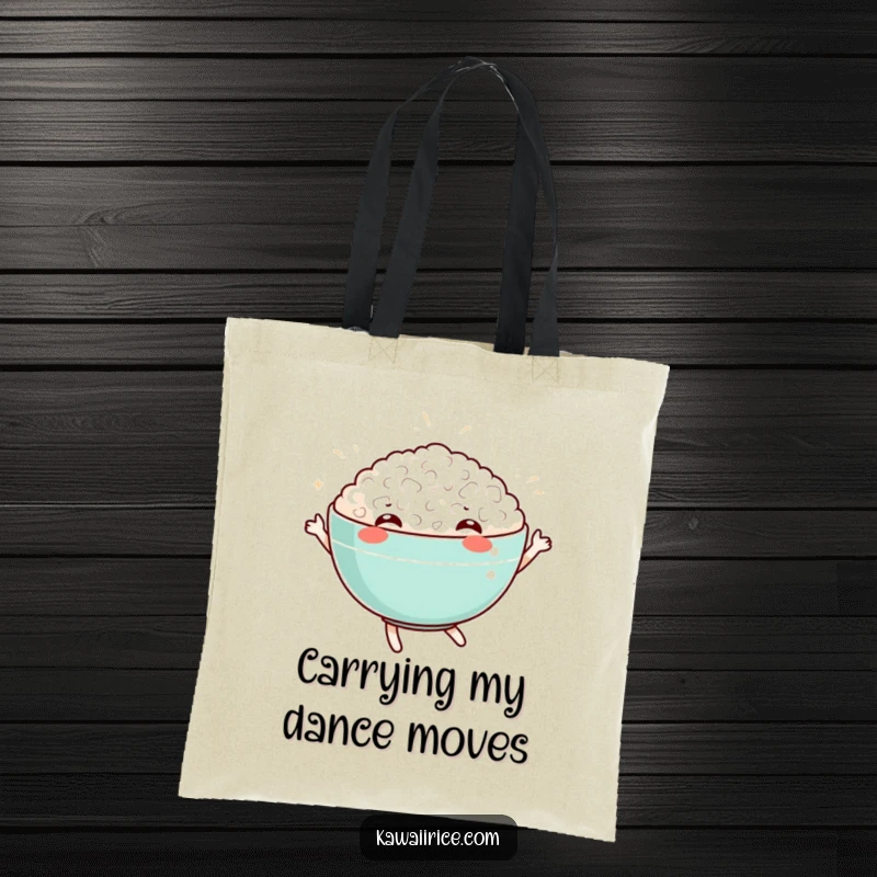 Funny tote bag featuring a cheerful bowl of rice caught mid-dance. Functional and humorous for daily use.