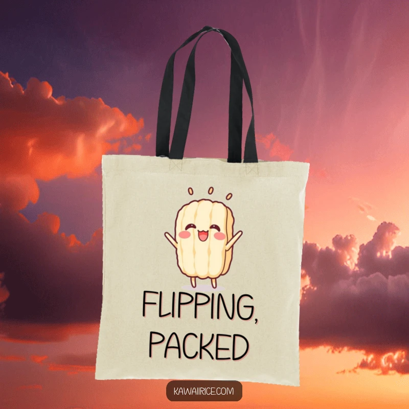 Funny tote bag with a happy rice grain character performing a dynamic flip. Functional and energetic design.