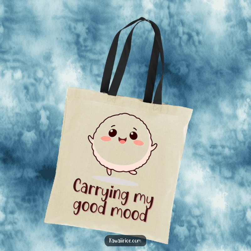 Funny rice ball tote bag featuring a smiling character in a dynamic hop, ideal for carrying daily essentials.