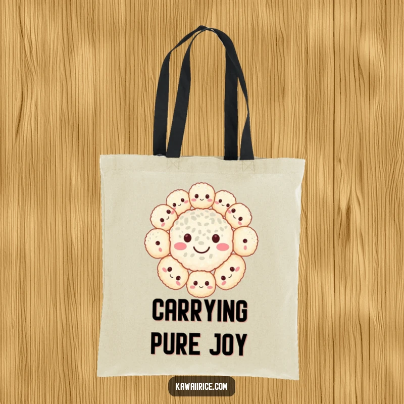 Funny tote bag with a large, happy smiley face made from tiny rice balls. Functional and full of cheer.
