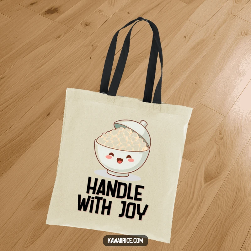 Funny Tote Bag: A jubilant bowl of rice cheering with its lid open, ready to carry your items with enthusiasm and fun.