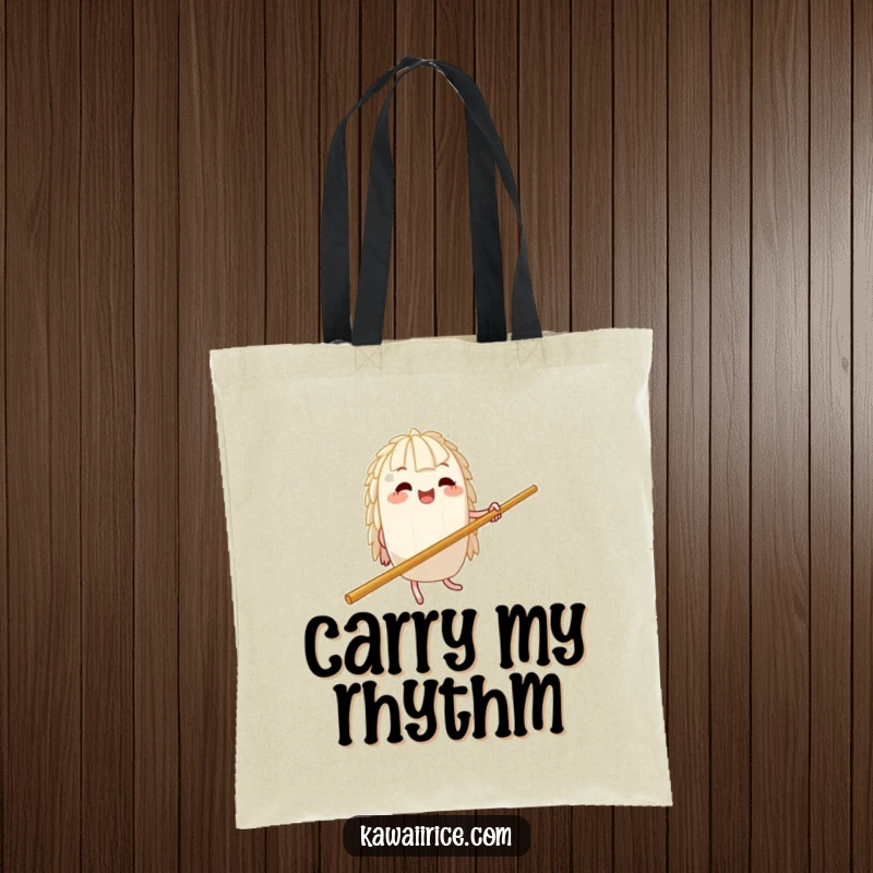 Funny Tote Bag: A rice character dances a silly jig on a giant chopstick, ideal for carrying your items with a dose of pure fun.