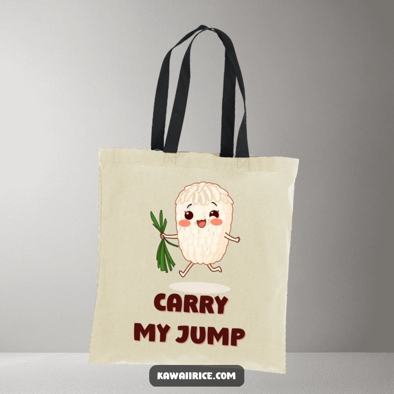 Funny Tote Bag: A happy rice grain jumping rope with seaweed, ideal for carrying your essentials with a dose of healthy, humorous fun.