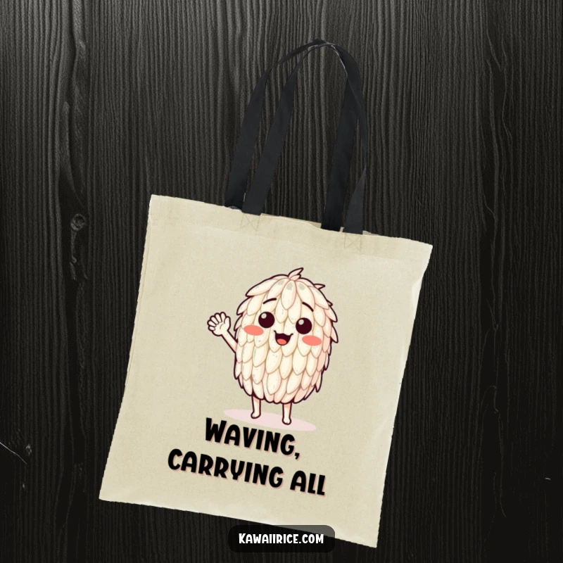 Funny tote bag showcasing a smiling rice grain enthusiastically waving. Ideal for carrying goods with a cheerful touch.
