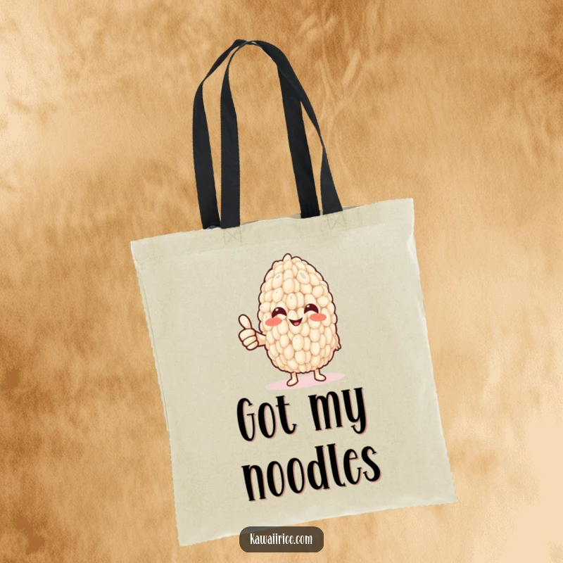 Funny Tote Bag: A happy rice grain offers a thumbs up via a slender noodle arm, perfect for carrying essentials with a side of encouragement.