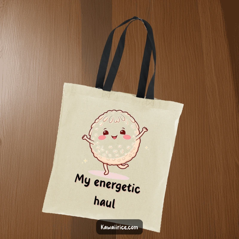 Funny rice character tote bag featuring a smiling character doing a cartwheel with happy dots, ideal for carrying essentials.