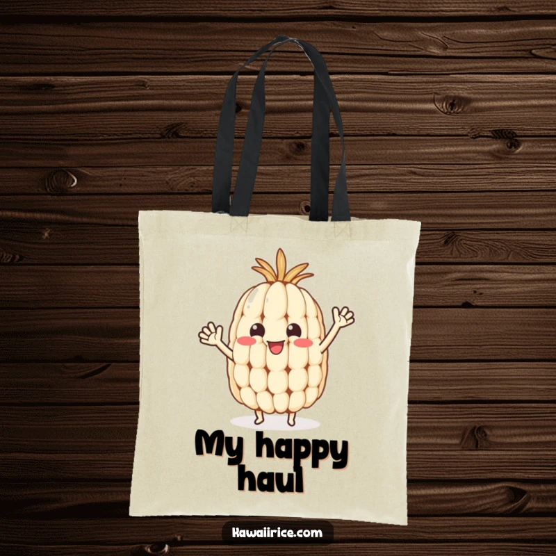 Funny rice grain tote bag featuring a happy character with tiny arms waving, ideal for carrying daily essentials.