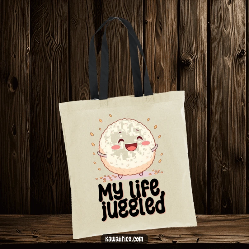 Funny rice ball tote bag featuring a grinning character juggling tiny grains, ideal for carrying daily essentials.